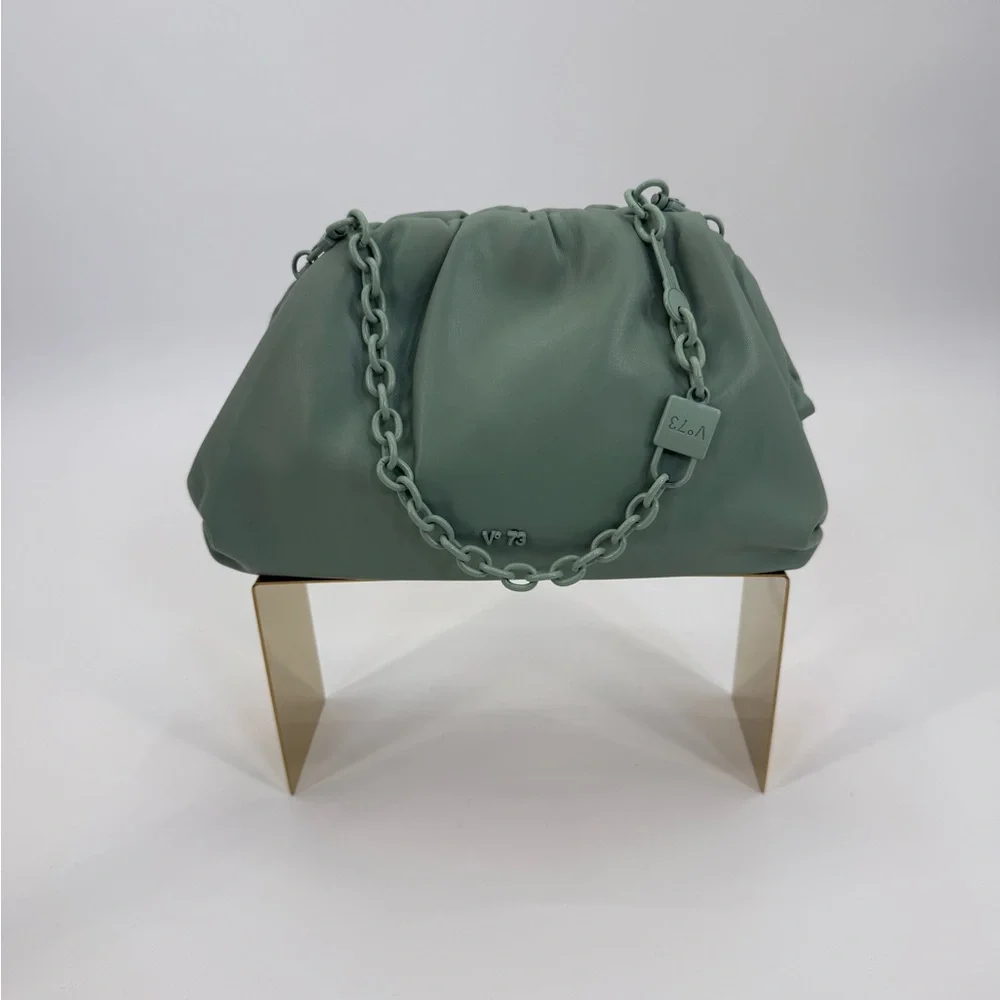 V°73 Sage Green Ruched Shoulder Bag with Chain Strap Soft Pebble Leather Purse